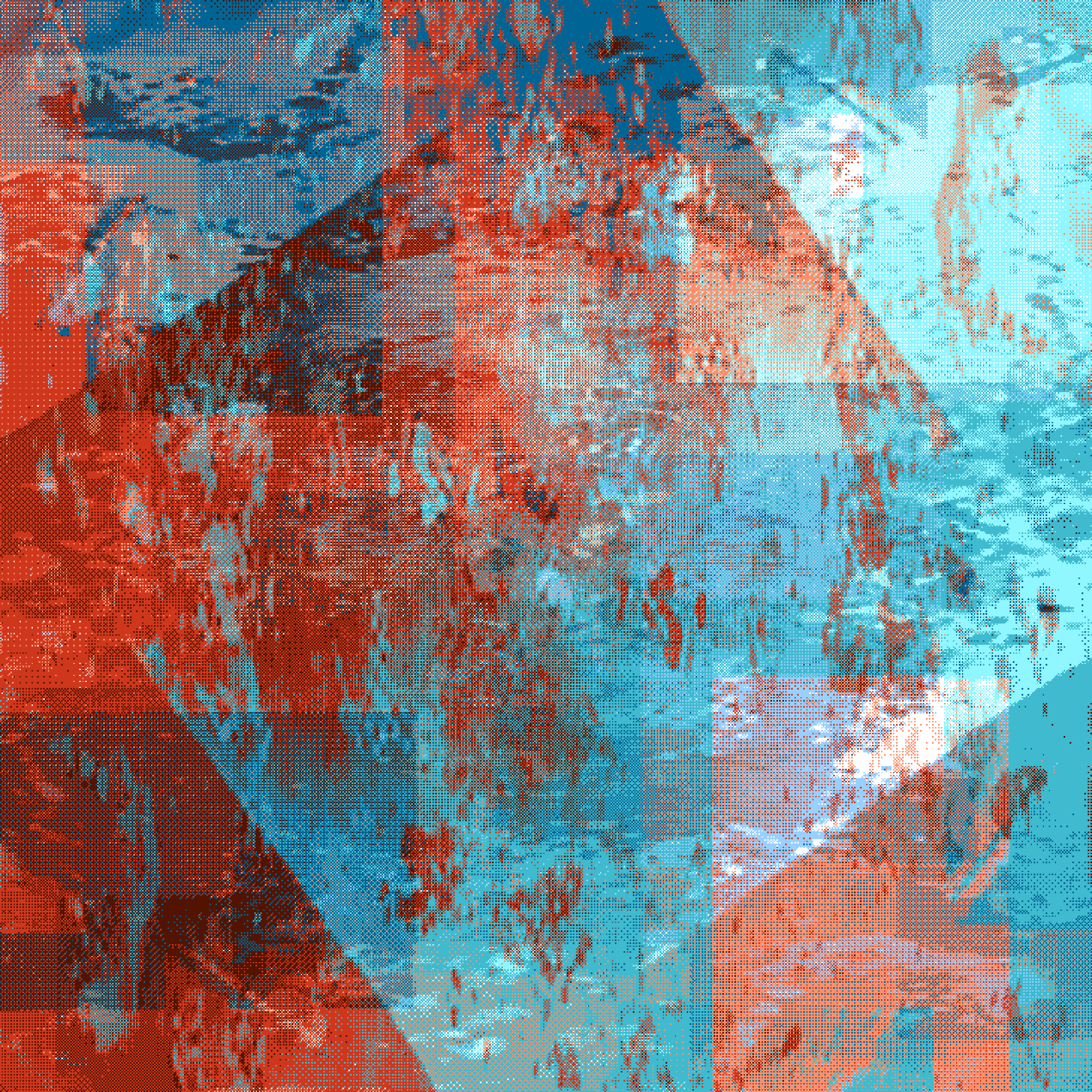pixelated red and cyan squares and diamonds
