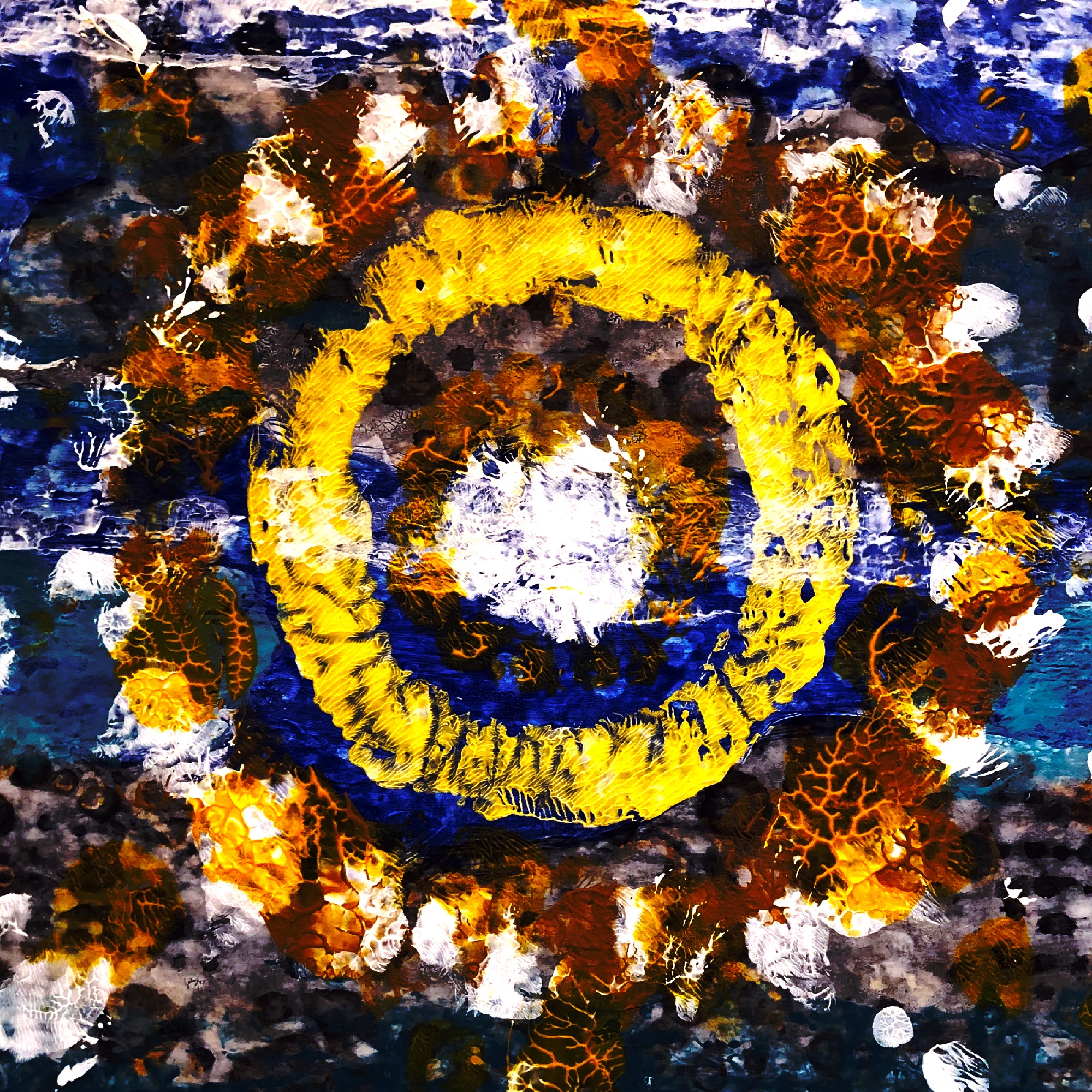 abstract painting of yellow, brown, and white circles on blue